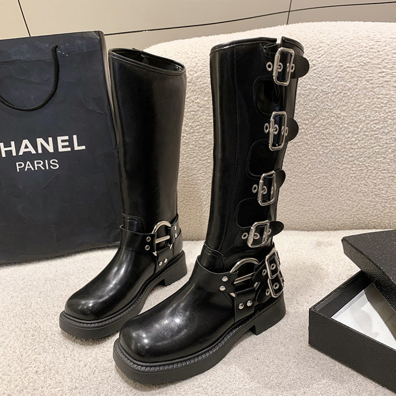 2023 retro women's boots leather thick heel high boots square head knight boots brown high fashion boots