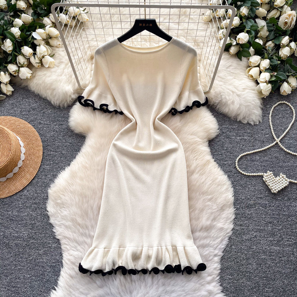 Korean style commute ruffle knit dress - women's  summer high-waisted slimming a-line dress - elegant and high-end