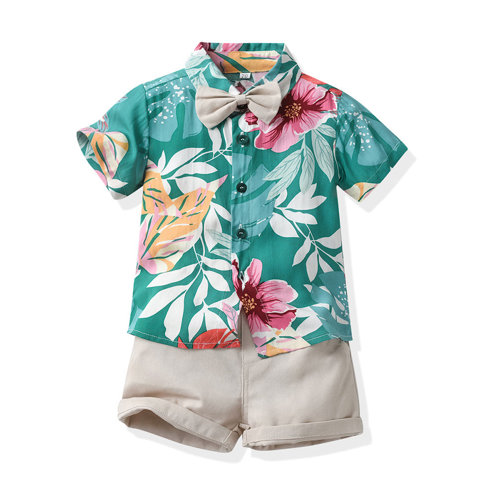 Boys' summer outfit set: new stylish korean style printed short-sleeve shirt two-piece set for kids and babies - trendy and handsome