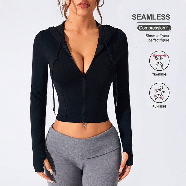 Pre-sale European beautiful women's solid color slim-fit front zipper hooded sports jacket yoga health exclusive elastic breathable fabric