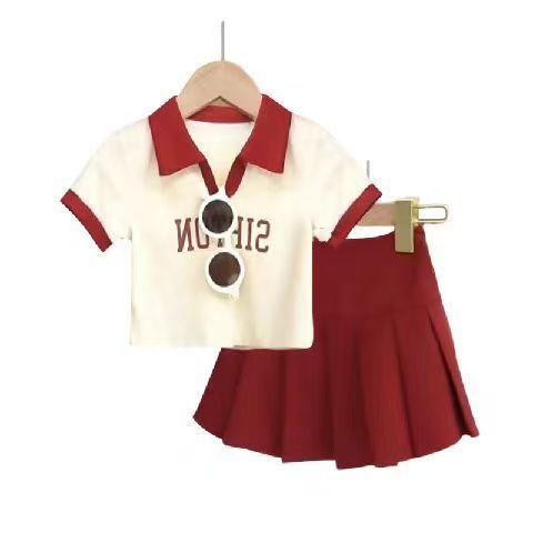 Girls' summer outfit set  new children's short-sleeve t-shirt pleated skirt two-piece set baby girl skort