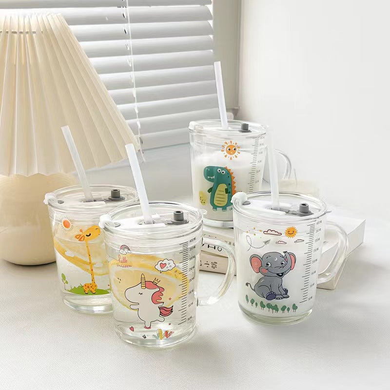 Cartoon milk mug summer glass cup with handle straw cup popular breakfast cup high-value water cup souvenir gift cup