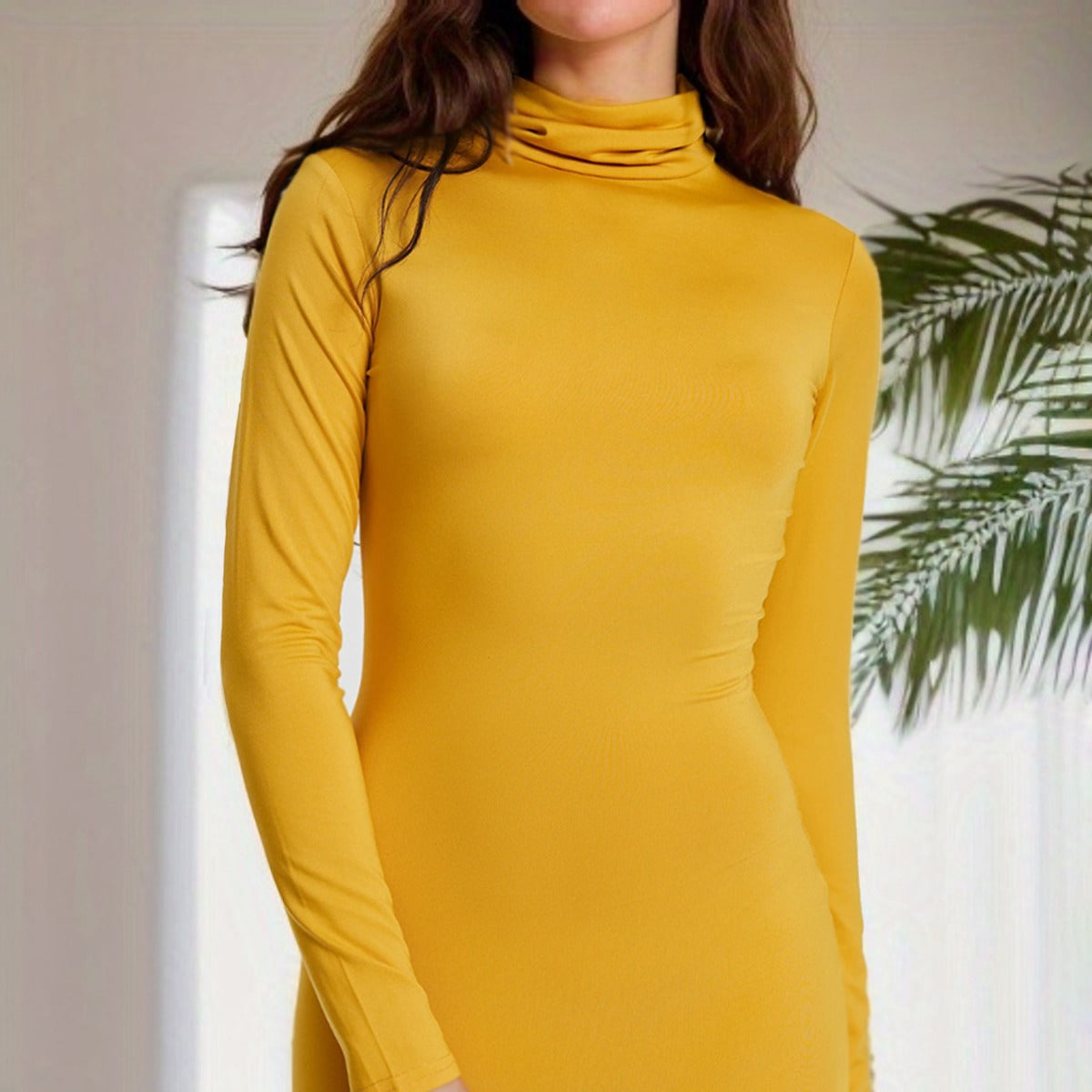 Europe and the United States  2025 winter independent station new women's fashion solid color slim-fitting turtleneck long-sleeved primer dress