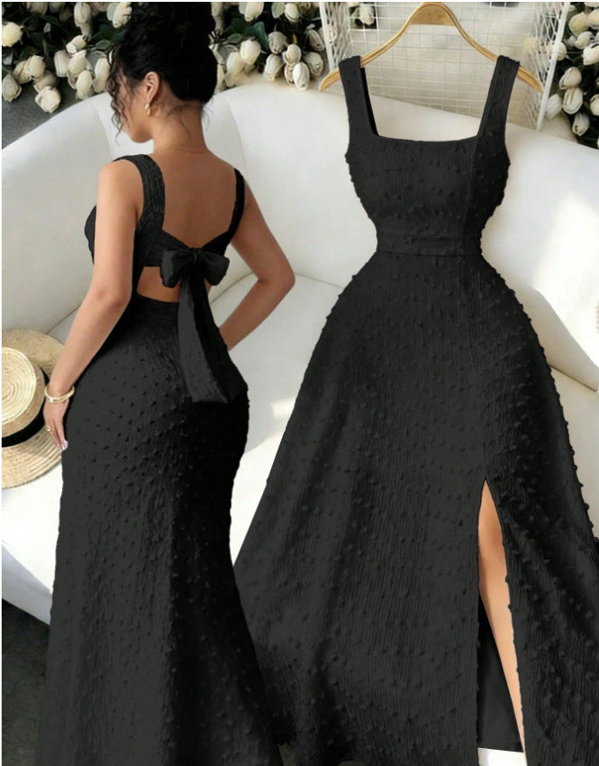 Amazon fashion  summer new arrival square neck sleeveless back bow tie strap sense dress