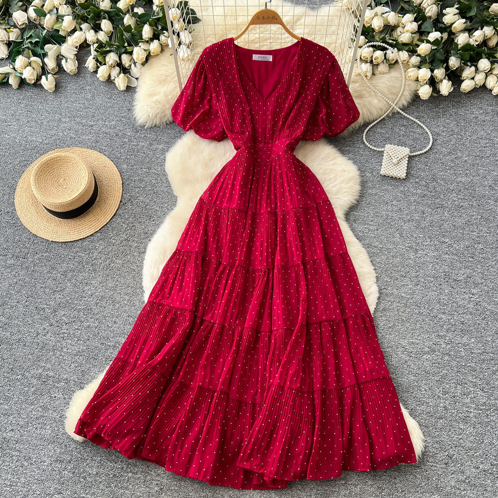 Frenchv neck small diamond elegantdress women's summer k-style waist slimming look a-line cake long skirt dopamine style