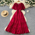 Frenchv neck small diamond elegantdress women's summer k-style waist slimming look a-line cake long skirt dopamine style