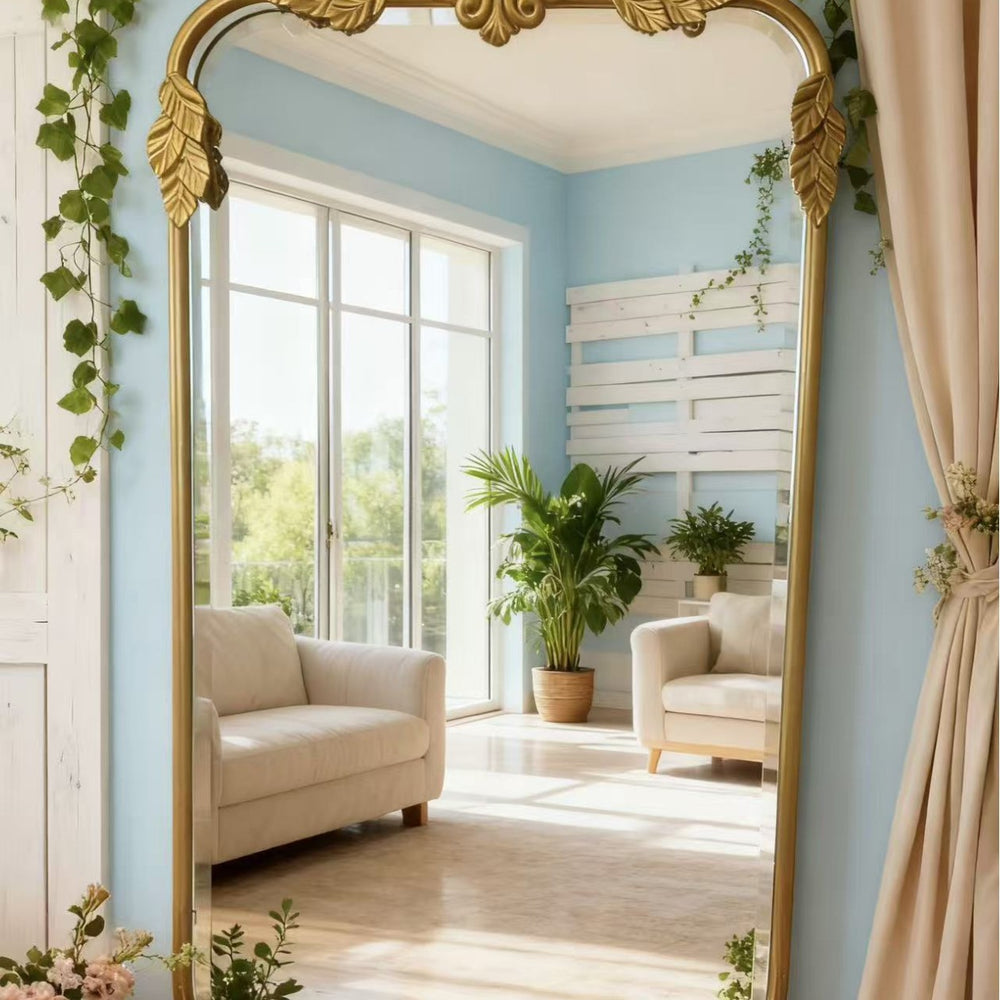 French retro full-length mirror, european-style solid wood carved floor mirror, bedroom wall-mounted gold vanity mirror, entryway mirror