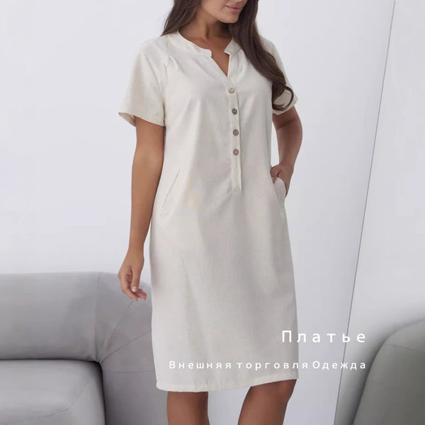 wild berry explosion women's clothing linen solid color button v-neck casual dress Russian  wholesale