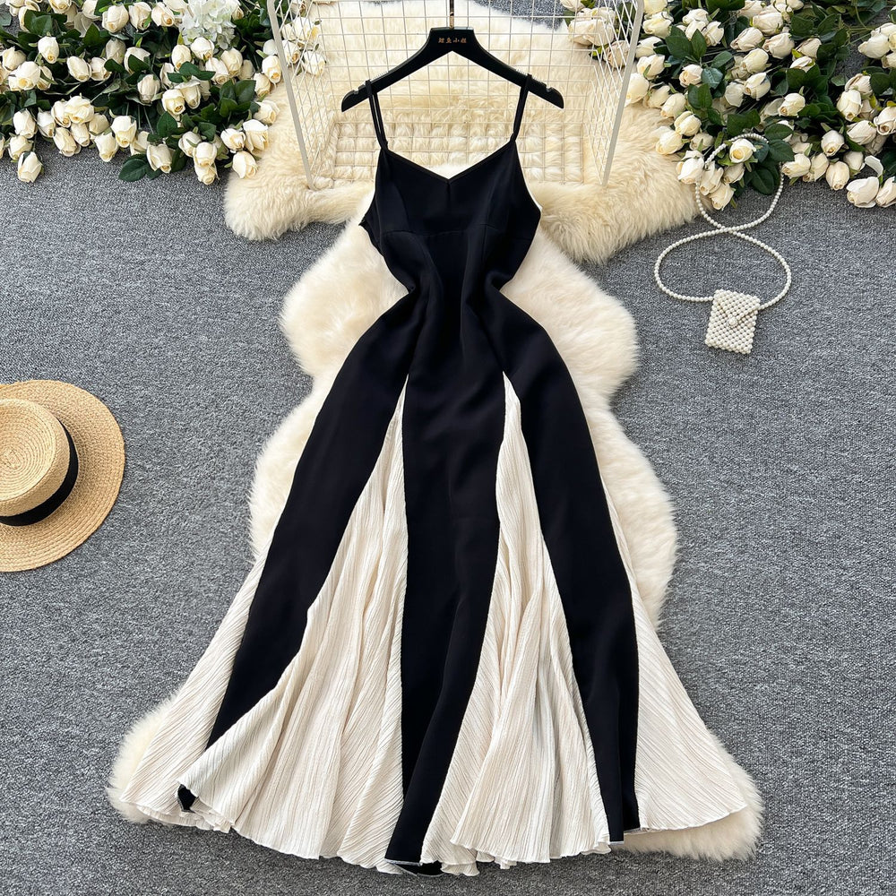 summerelegancesexy color matching suspender dress for women vacation style waist ruffles large swing dress long skirt