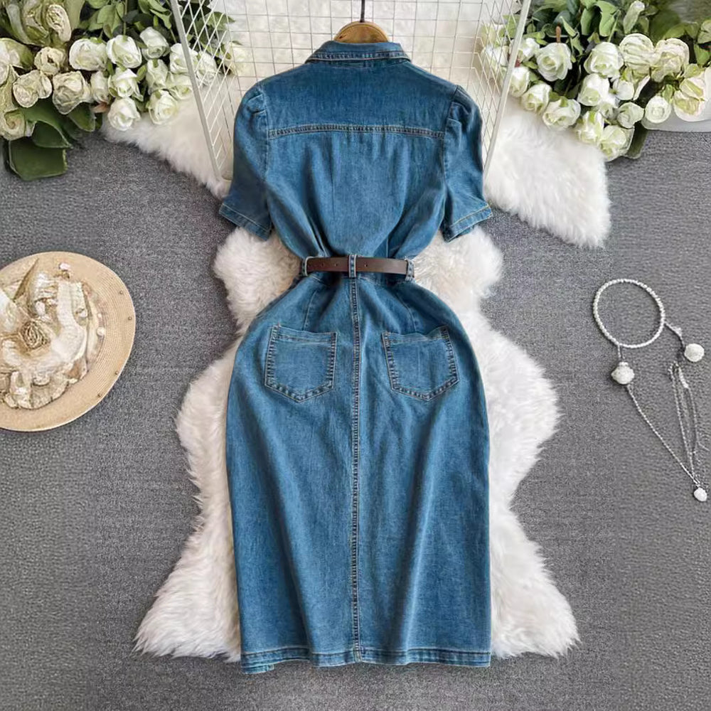 Casual denim dress women's summer  new style hong kong style elegant waist slimming look medium long slit skirt