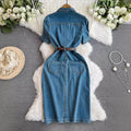Casual denim dress women's summer  new style hong kong style elegant waist slimming look medium long slit skirt