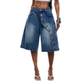 Fashion jeans women's diagonal button wide-leg cropped jeans cross-border hot girl washed pants foreign trade women's clothing