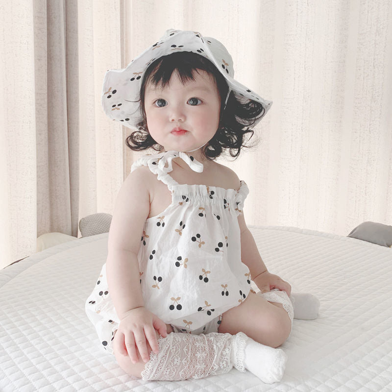 Infant summer sling baby breathable full printed cherry pattern romper pullover hooded pure cotton breathable romper