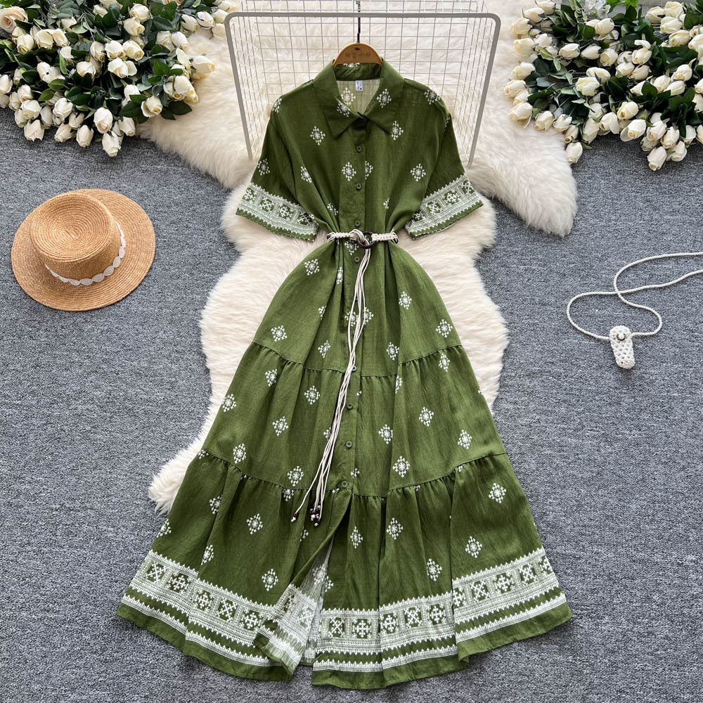 summer women's vintage-inspired short-sleeve tie-waist single-breasted printed dress - slimming maxi dress