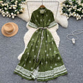 summer women's vintage-inspired short-sleeve tie-waist single-breasted printed dress - slimming maxi dress