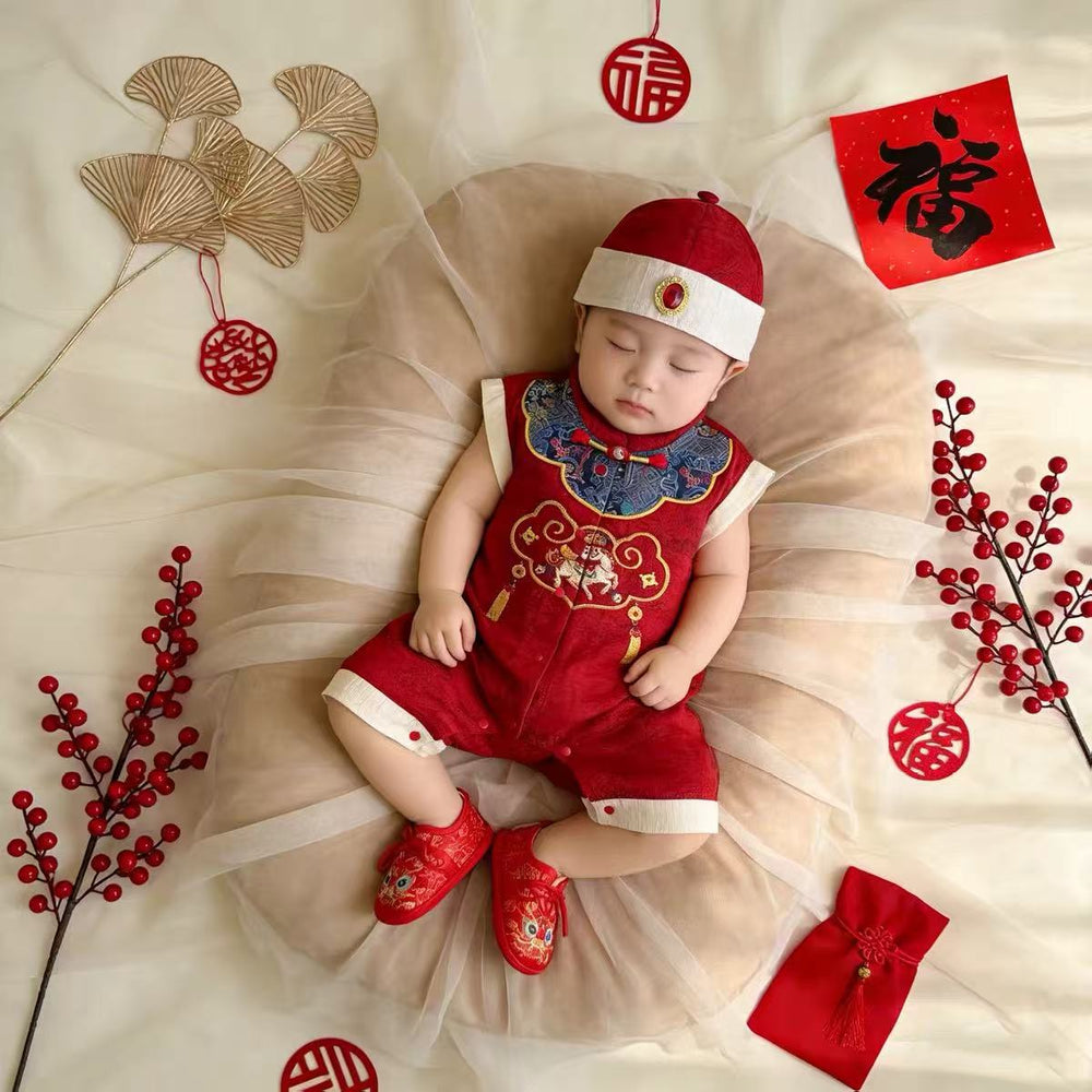 Red full moon baby boy clothes summer jumpsuit boy 100-day banquet 100-year-old banquet baby one-year-old catch zhou dress