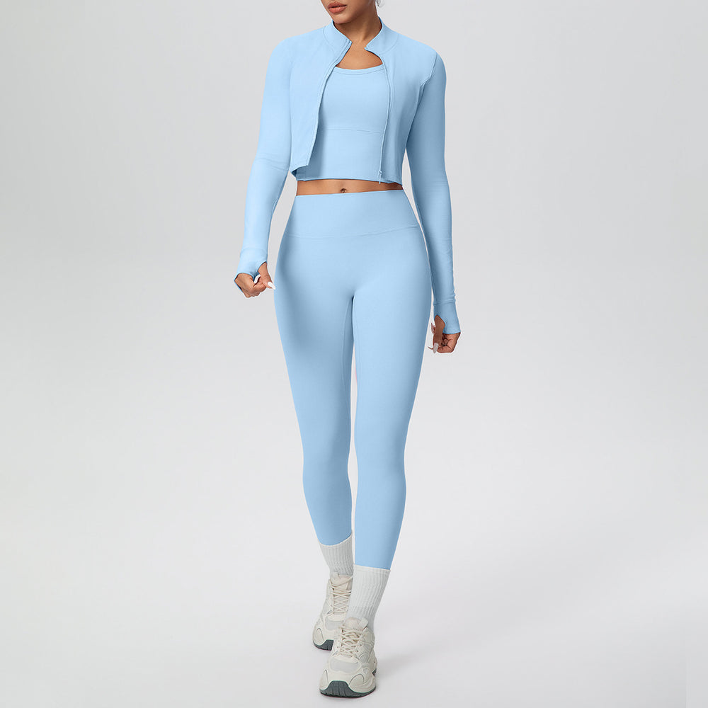 pure color brushed tight high-elastic breathable vest long three-piece set sports running fitness yoga suit