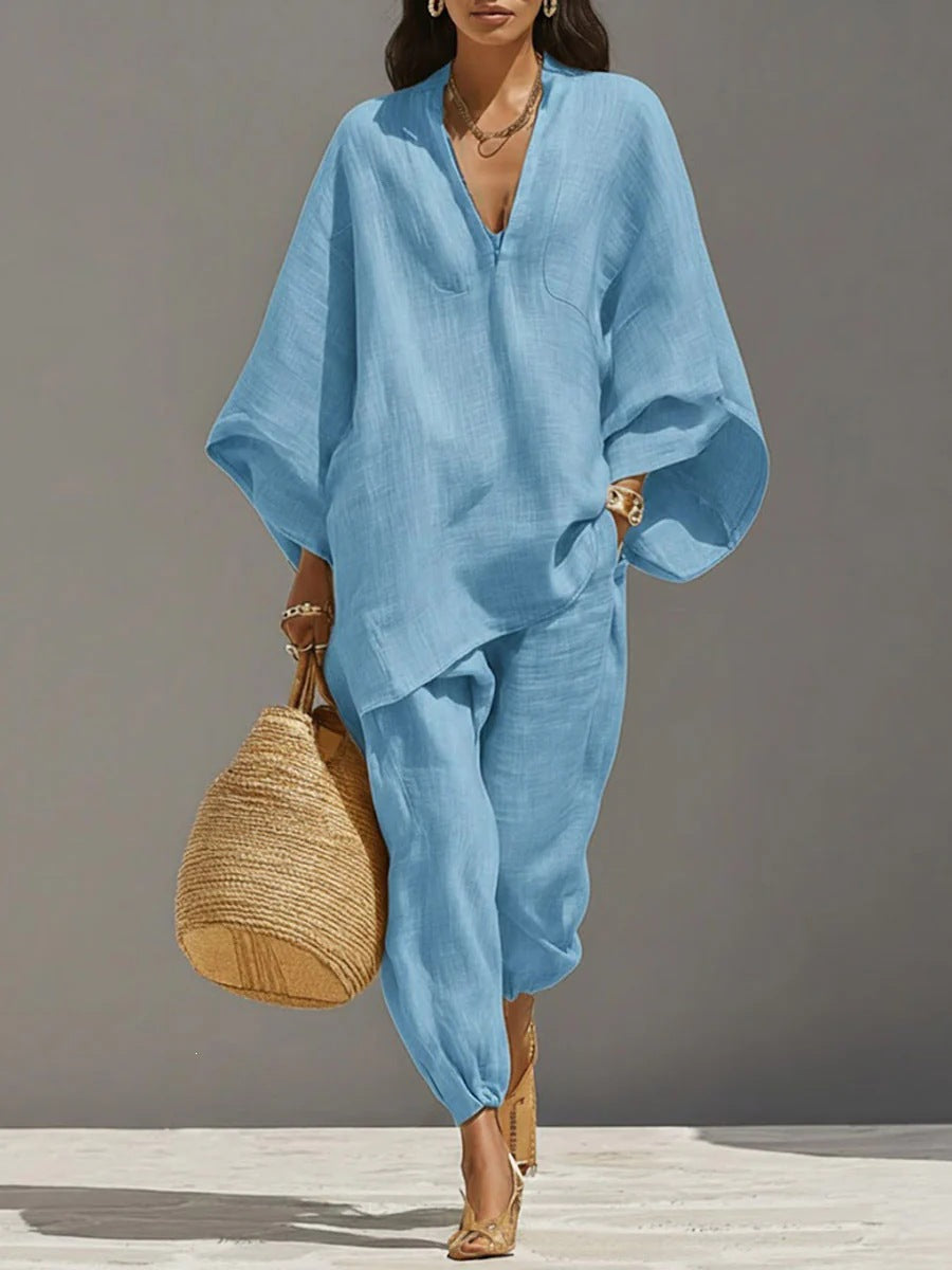 spring cross-border women's casual relaxed fit solid color shirt set