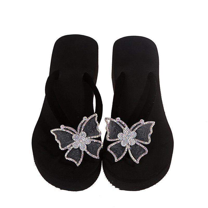 Aliexpress cross-border plus size platform slippers women's minimalist butterfly rhinestone wedge flip-flops women's sizes 36-42
