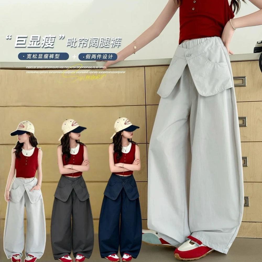 【100% cotton】super cute girls' wide-leg casual summer pants - faux two-piece, loose fit, scalloped hem, breathable and versatile