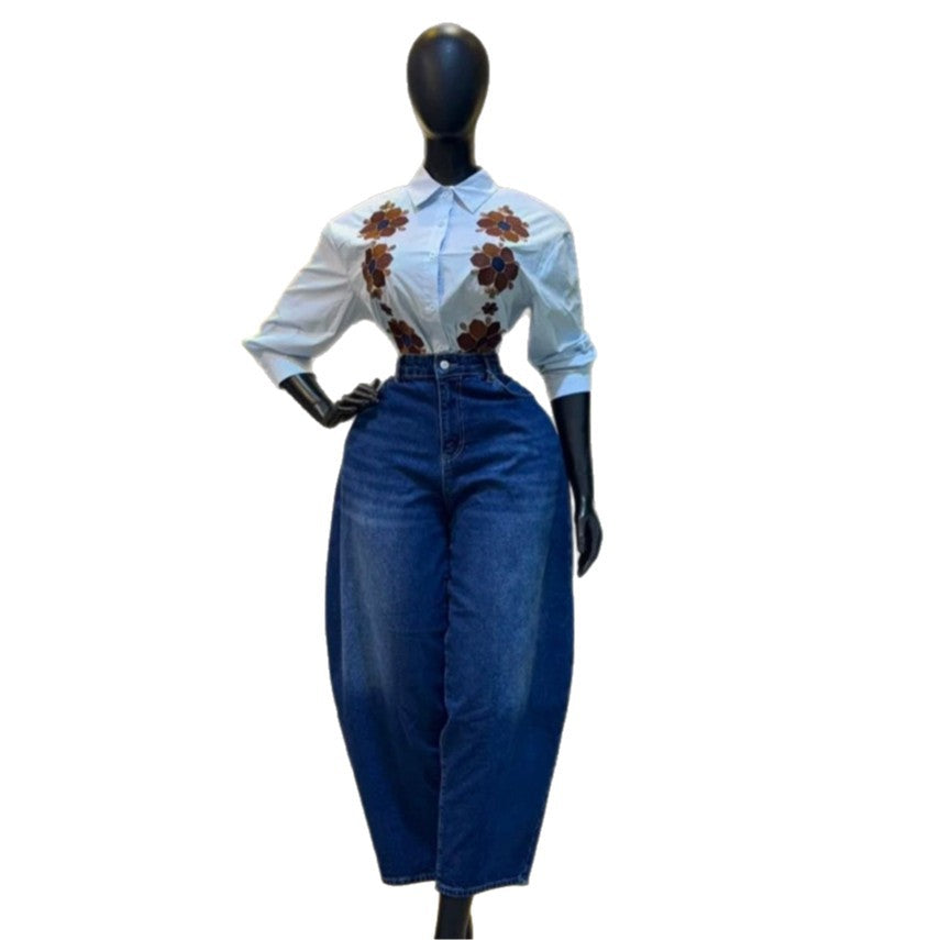 European and american cross-border women's fashion:  summer new arrival - stylish printed, designer single-breasted, turn-down collar, long-sleeve shirt top