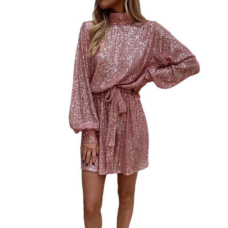 2025 european and american cross-border e-commerce evening gown: gold, slim-fit, tie-waist, long-sleeve, sequined, open-back dress