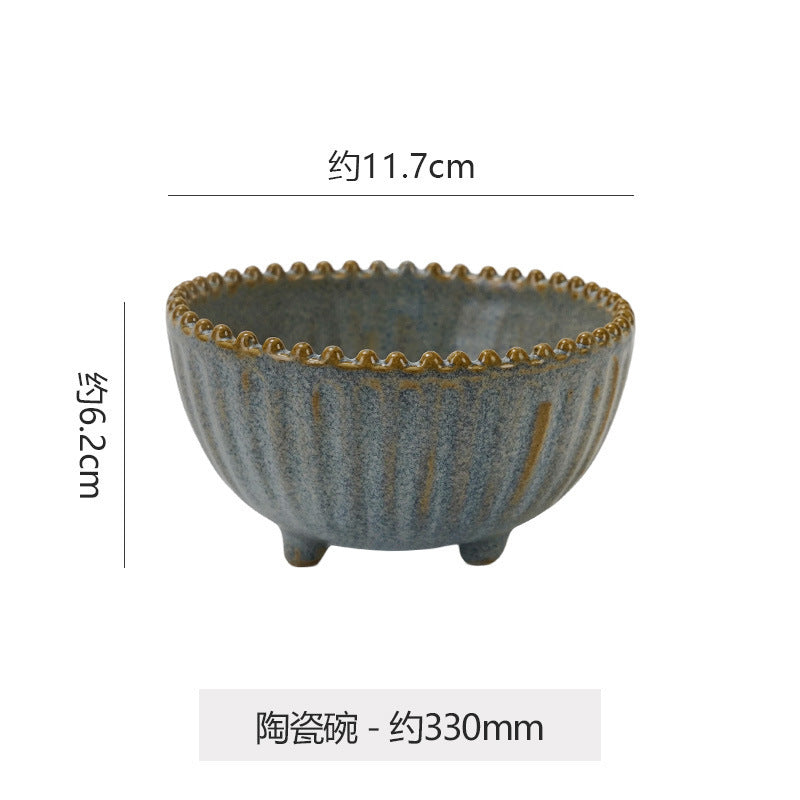 Vintage-style rustic ceramic bowls, plates, and dishes - creative beaded edge steak plates and dessert bowls for restaurants and hotels - premium presentation