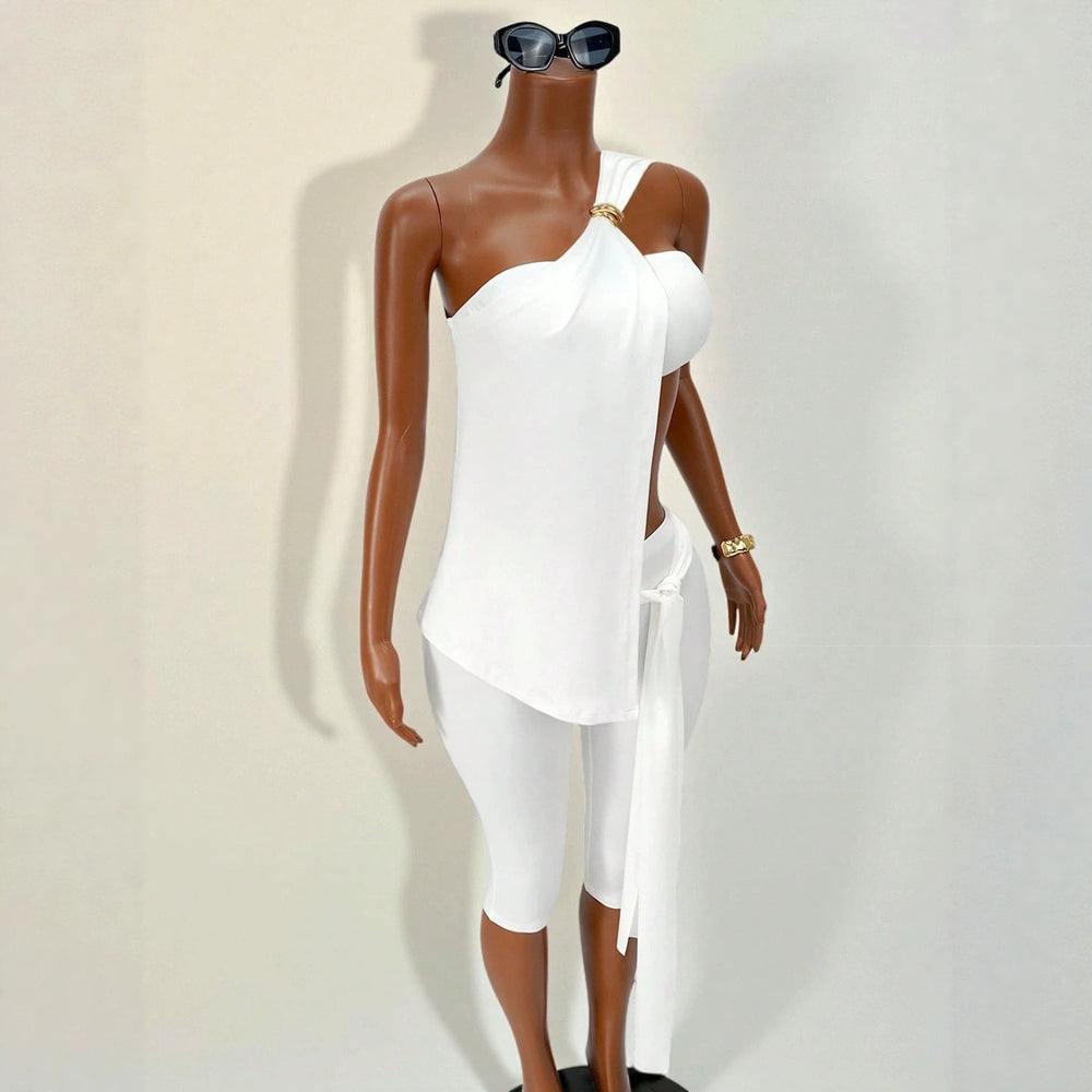 European and american style asymmetrical sleeveless top and slim-fit tie-waist capri pants set - versatile and chic for early summer