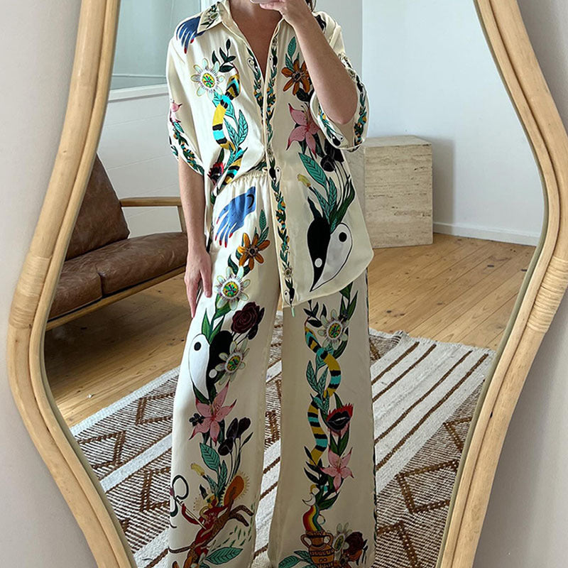 cross-border e-commerce european and american women's clothing: new summer collection - vacation-inspired color block fashion print shirt and wide-leg pants set