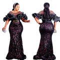 Rose sequin bodycon mermaid evening gown maxi dress off-the-shoulder ruffle luxury african european women's clothing