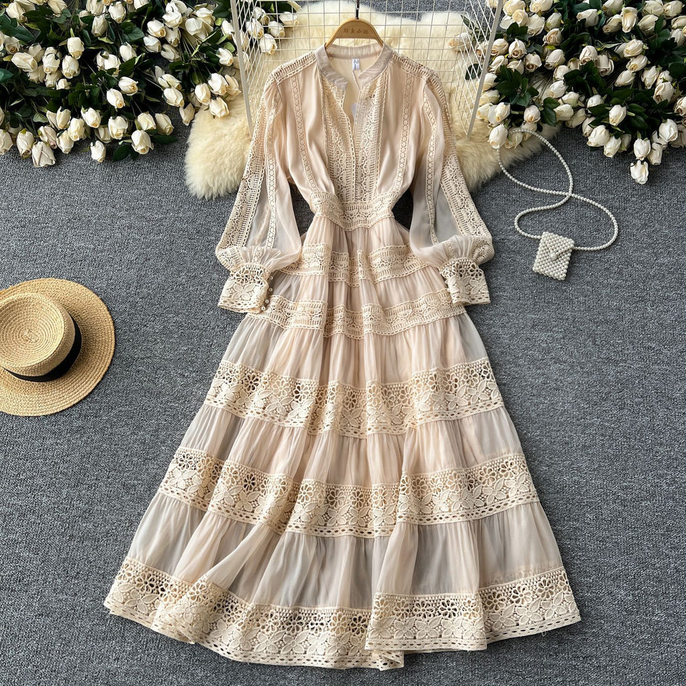 Frenchretrov necklacepatchwork waist long sleeves large swing dress women slimming lookclassyelegancelong skirt