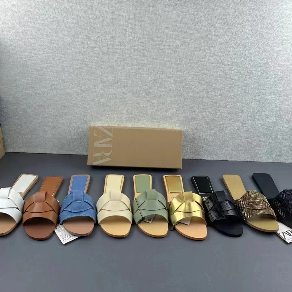 Za2024summernew arrival women's shoes flats cow leather sandals one strap sandals open toe back empty beach shoes outwear