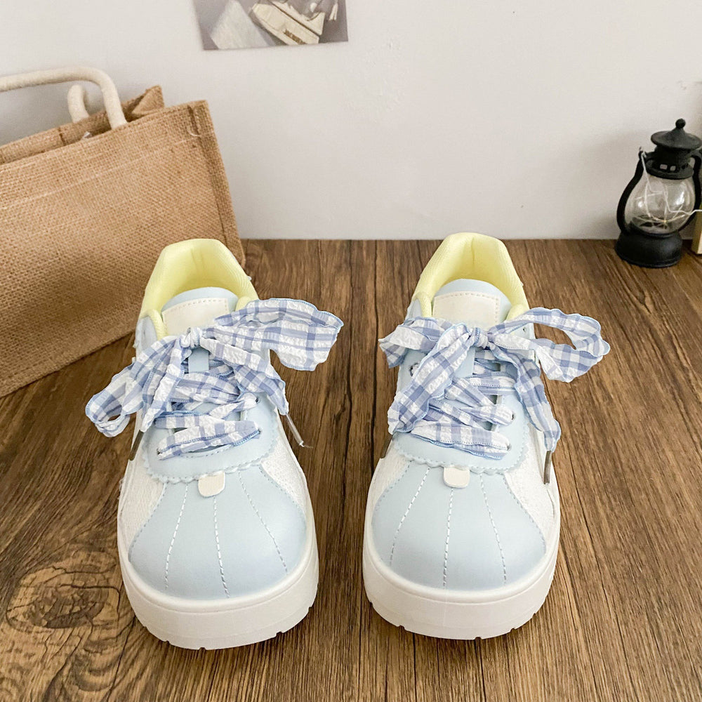 Blue korean style high-value plaid bowknot chunky sole sneakers women's 2026 summer new arrival niche campus white shoes