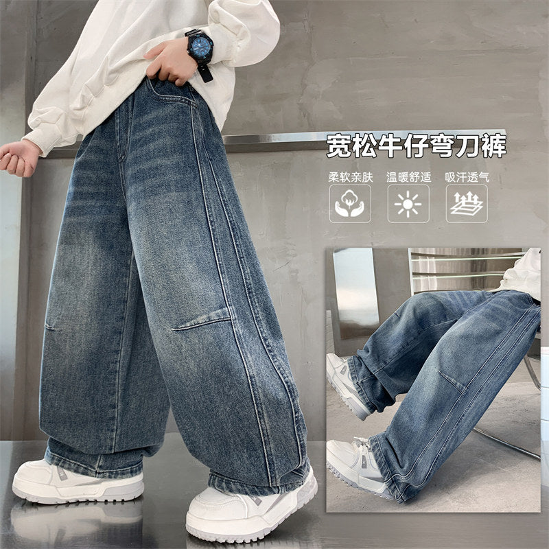 Boys' spring/autumn denim jeans -  new style casual pants for boys, loose fit, middle to big kids, scimitar cut