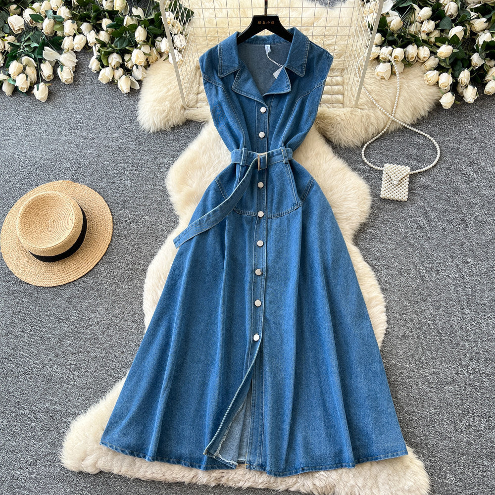 K-styleclassy lapel sleeveless single-breasted waist denim dress women's summerslimming lookeleganceelegance long skirt