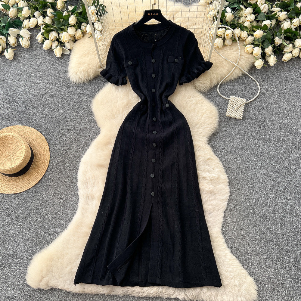 Export french tweed styleclassyfashionable buttoned silm short-sleeved knittingdress women's summer waist elegant