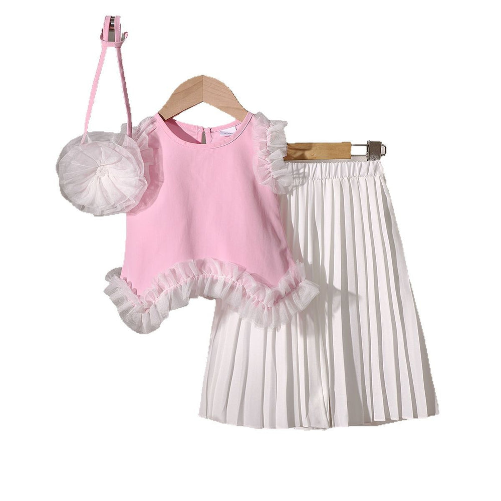 Children's clothing  cross-border summer girl pink vest tops + white pants set