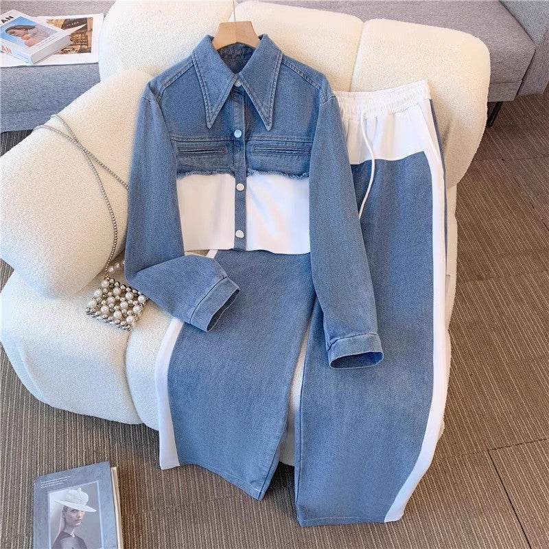 Denim patchwork fashion casual set - new spring/autumn long sleeve top + wide leg pants two-piece outfit