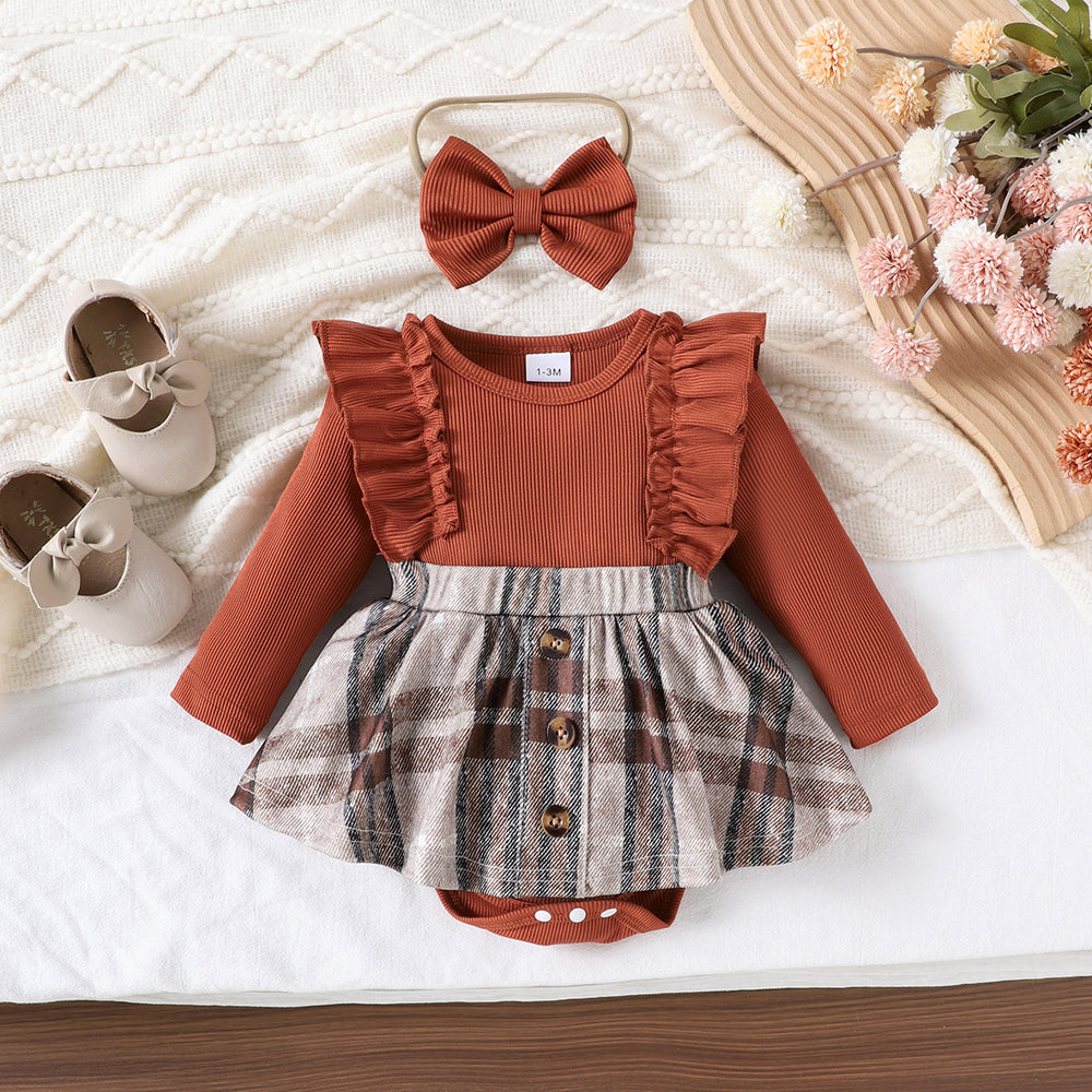 Children's clothing cross-border european and american girls brown color long-sleeved plaid khaki