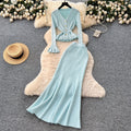 Rich girl style high-end mature woman set: women's autumn flared sleeve knit top + high-waisted fishtail midi skirt