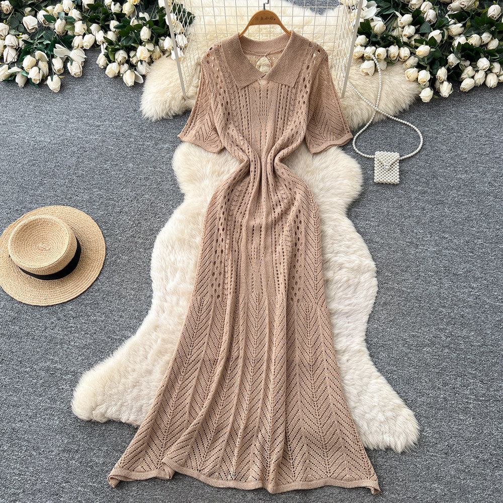 Korean style light luxury lapel short sleeve hollow-out knit dress - women's summer cinched waist tie a-line maxi dress - commute friendly