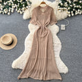 Korean style light luxury lapel short sleeve hollow-out knit dress - women's summer cinched waist tie a-line maxi dress - commute friendly