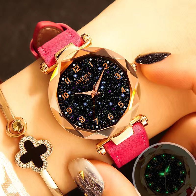 New wholesale women's watches, fashionable and trendy digital face ladies' student starry sky dial quartz wristwatch with leather strap