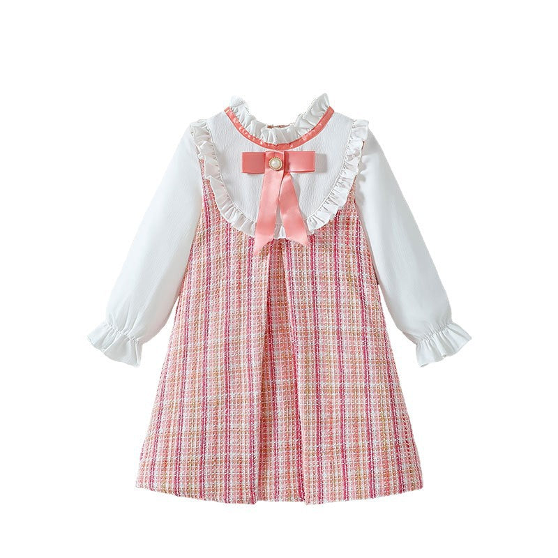New spring/autumn girls' lace-trimmed shirt dress - two-piece look, gentle & elegant, chanel-inspired style with bow tie