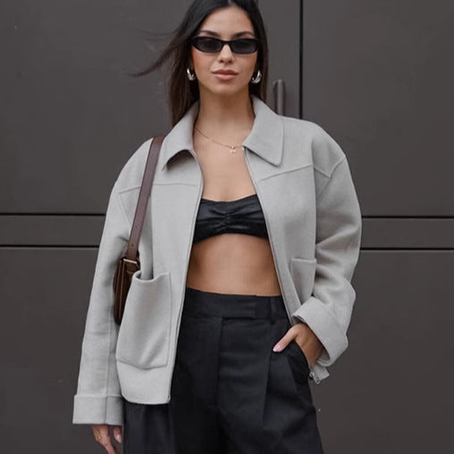 European and American  new 2025 autumn and winter woolen jacket women's simple gray versatile splicing long-sleeved warm cardigan