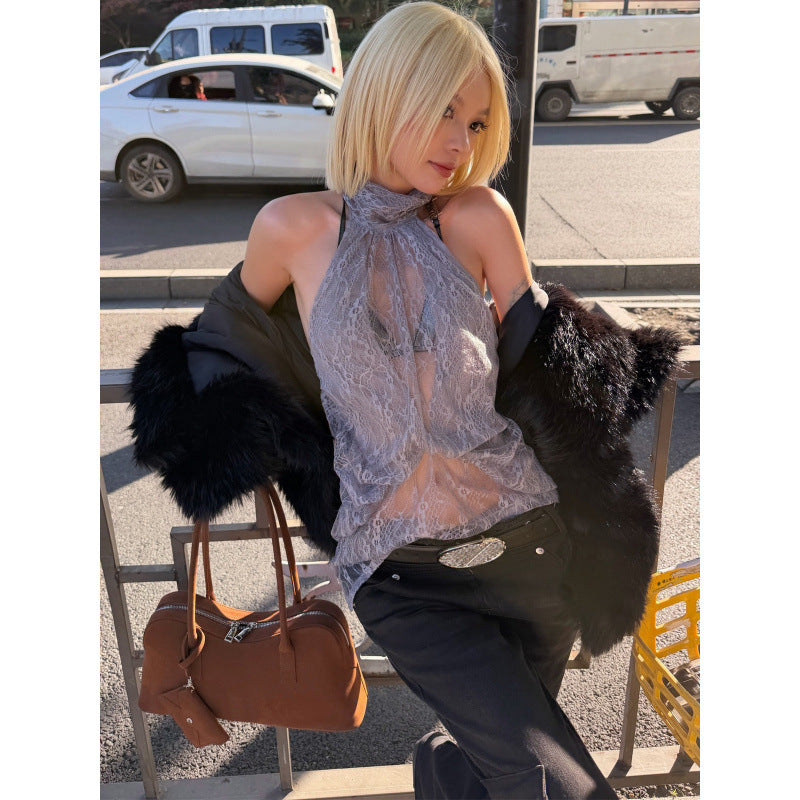 European and american style women's spring  new fashion: unique high-neck lace see-through sleeveless backless irregular top