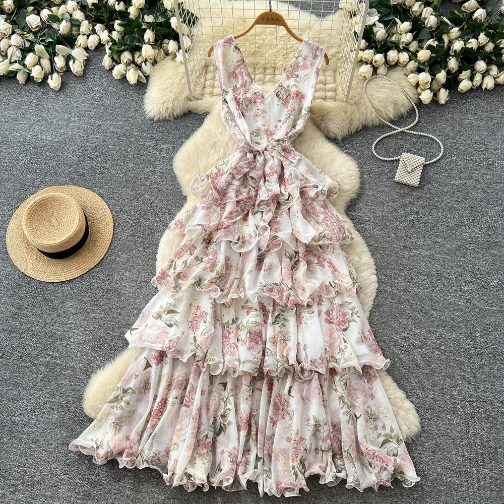 French floral sweet princess style dress - women's summer v-neck sleeveless high-waisted a-line maxi dress - commute chic