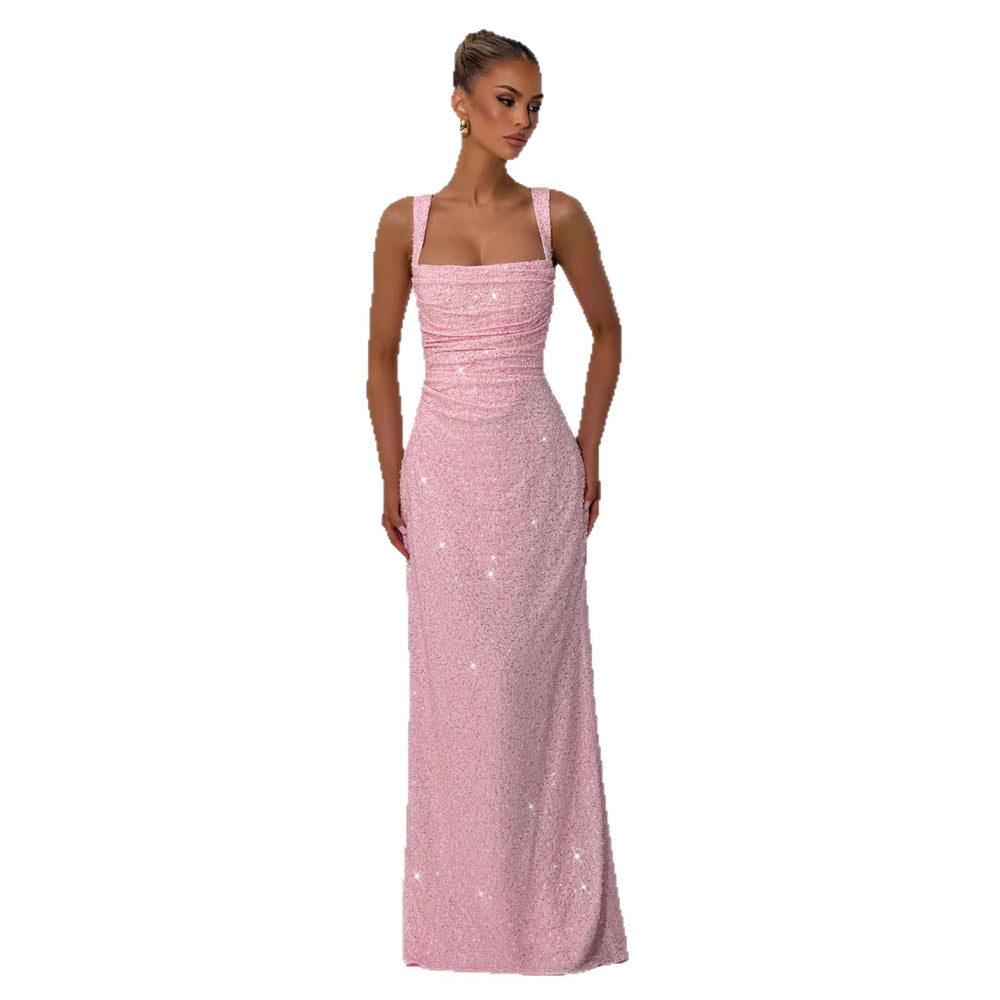 Stylishsequinpure colortube topdress women's springnew arrivalsleevelessfashionsling slit waist long skirt
