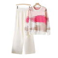 autumn new color block long sleeve crewneck casual top + loose wide leg knit pants set for women
