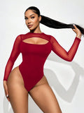 Amazon  autumn new european and american cross-border sexy mesh patchwork solid color bodysuit